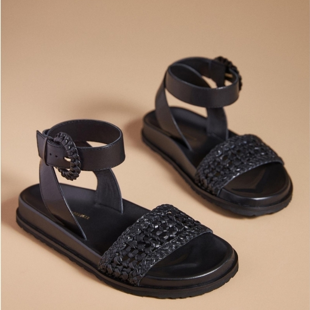 By Anthropologie Black Leather Ankle Strap Woven Sandals - Picture 1 of 9